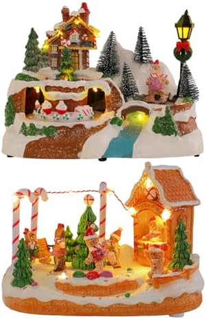 LED Light Christmas Village Scene with Rotating Train Musical Lighted Collection Figurine Home Decor Musical Village House Figurine