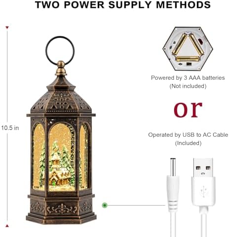 Christmas Snow Globe Lantern Lighted Church Musical Snow Water Lantern Swirling Glittering Home Decoration and Gift, Battery Operated or USB Powered