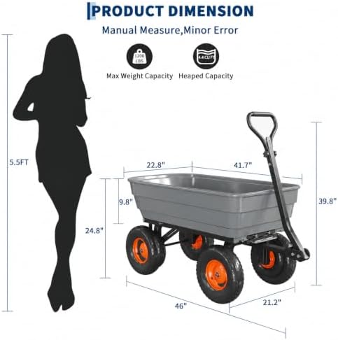 Heavy-Duty 1200 lb Poly Garden Dump Cart with 180° Adjustable Handle, Quick-Release Dump & All-Terrain Utility Wagon – Gray Bucket with Orange Rims