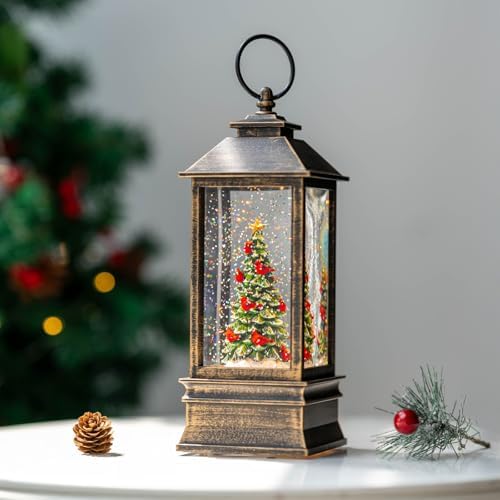 VISFLAIR 10'' Lighted Christmas Tree Cardinal Music Snow Globe Water Lantern with Swirling Glitter Decoration for Christmas Home, Living Room, Battery Operated or USB Powered