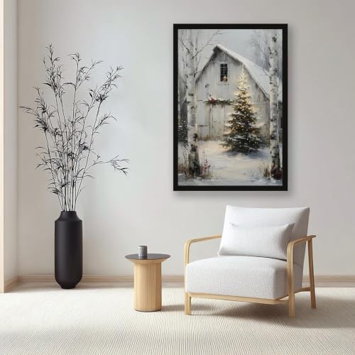 Rustic Christmas Barn Poster Winter Farmhouse Snow Landscape Wall Art