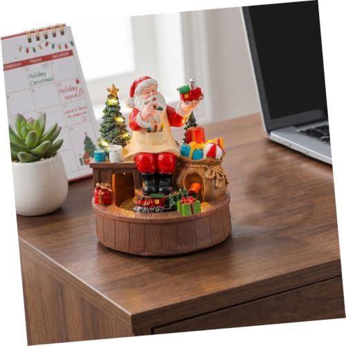 DOITOOL Resin Music Box Battery Operated Christmas with Rotating Santa Figurine and LED Warm Light Vintage Style Xmas Music Box for Tabletop Decor and Window Displays