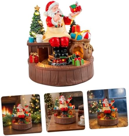 DOITOOL Musical Box and LED Warm Light with Rotating Santa Figurine Christmas Resin Xmas Music Box Battery Operated Glowing Centerpiece for Indoor Holiday Setting