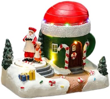 Holiday Seasonal Musical House Resin Ornament with Colorful LED Light Christmas Rotating Figurines Statue Desktop Decors LED Light Christmas Ornament