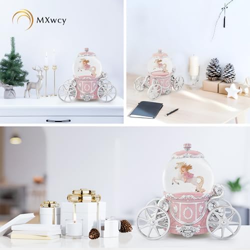 Unicorn Princess Carriage Snow Globe Music Box, 7" Pink Light Up Musical Snow Globe with La Vie en Rose Melody, Rotating Glitter Globe Decor for Girls Women, Birthday Christmas Valentine's Day Gift