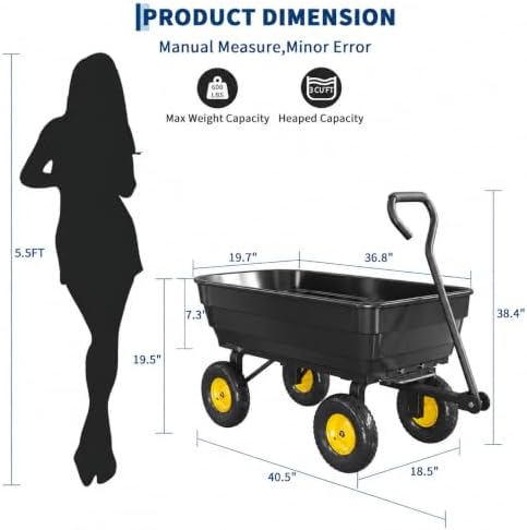 Heavy-Duty 1200 lb Poly Garden Dump Cart with 180° Adjustable Handle, Quick-Release Dump & All-Terrain Utility Wagon – Black Bucket with Yellow Rims