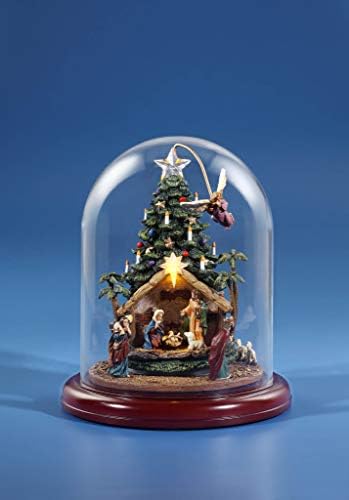CC Christmas Decor 9” Green and Red Angel Rotating Nativity Tree with Dome Tabletop Decoration