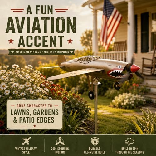 Metal Airplane Wind Spinner for Yard, 3D Shark-Mouth Plane Garden Stake Decor, 360° Rotating Outdoor Lawn Ornament for Patio Flower Bed, 1 Pack(Red)
