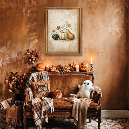Halloween Pumpkin Wall Art, Gold Vintage Framed Rustic Fall Poster