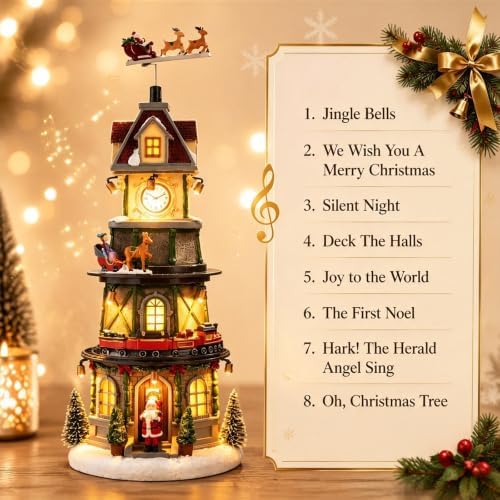 MUMTOP Christmas Village Clock Tower with Animated Reindeer, Light Up Bell Tower and Moving Train with Music for Indoor Holiday Xmas Tabletop Decor