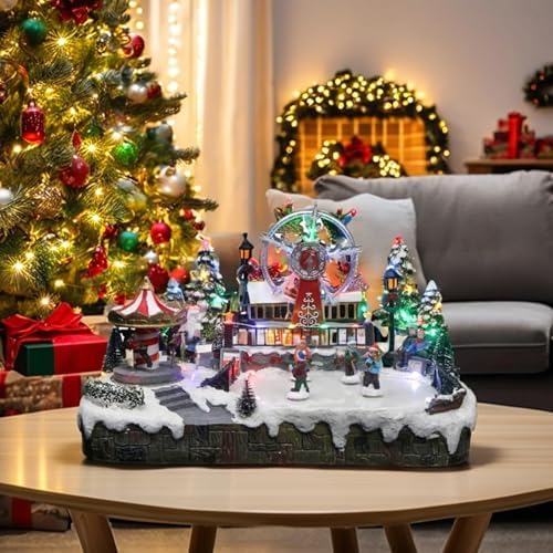 Christmas Village, Animated Carnival Led Rotating Carousel, Rotating Ferris Wheel & Ice Skating Rink