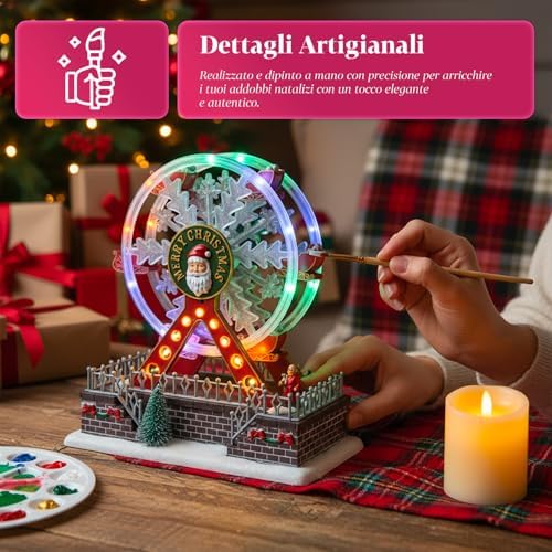 Avilia Joywheel Animated Ferris Wheel for Christmas Village, Christmas Carousel with Colorful LED Lights and Music, Battery Operated Hand Painted Decoration for Home, Table or Unique Holiday Gift