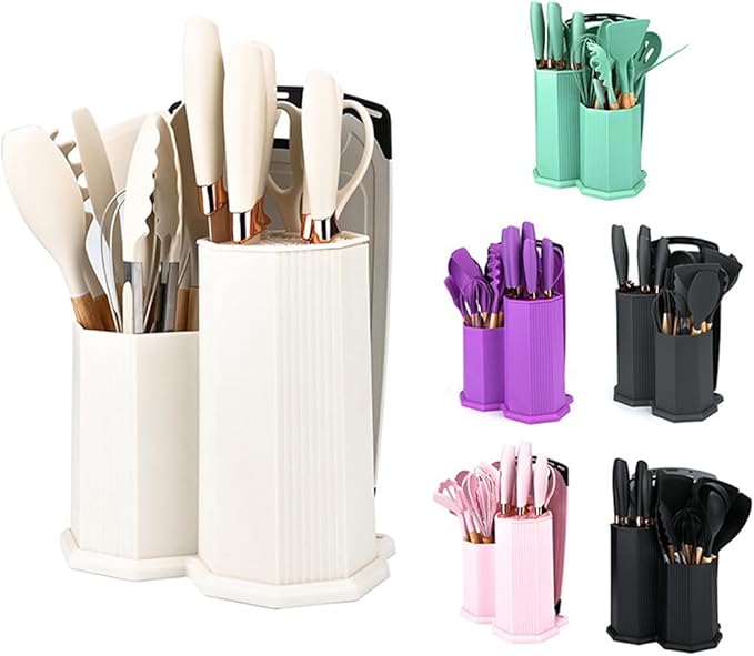 Kitchen Utensils Set,19 Pcs Cooking Tools and Knives Set,Cutting Board, Silverware Set, with Utensil Holder Precision Cutting and Organized Dining Kitchen Tool (Pink)