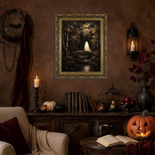 Gold Vintage Framed Ghost Bridge Wall Art, Spooky Halloween Forest Print