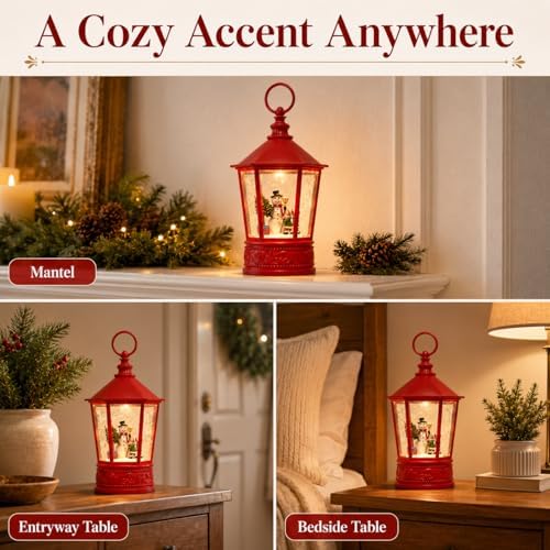 Snowman Christmas Snow Globe Lantern, 10.5" Lighted Musical Water Lantern with Swirling Glitter, 8 Christmas Songs, USB & Battery Operated, 6H Timer, Vintage Red Tabletop Christmas Decor