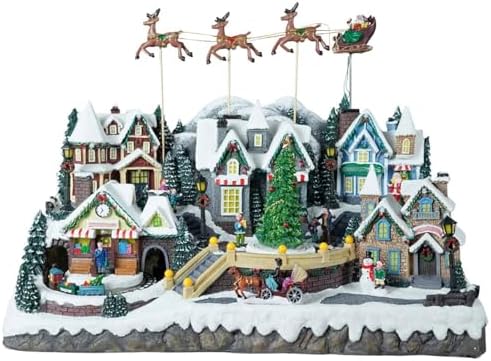 Colourful Led Lights Christmas Music, Christmas Village House, with Flying Reindeer, Rotating Christmas Tree, Moving Train, 55x32.5x43 cm