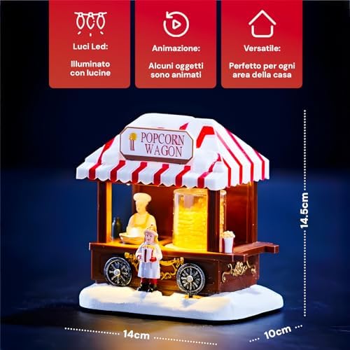 Avilia Pop Corn Christmas Shop Animated with LED Lights - Ideal for Unique Home Decoration During Christmas Parties - Hand Painted and Suitable for All Types of Furnishings 14 x 14.5 x 10 cm
