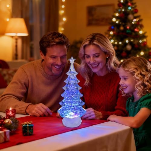 Snow Globe Christmas Tree - 12.4" Lighted Christmas Snow Globe Lantern with Color Changing LED, Battery/USB Operated Timer Crystal Tree Indoor Holiday Decor Gift
