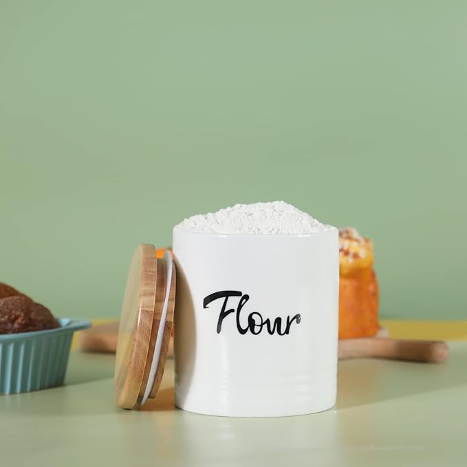 LEETOYI Porcelain Food Storage Containers with Lid, Small Size Design & Saves Space, 4.5 Inch White, Labeled Flour