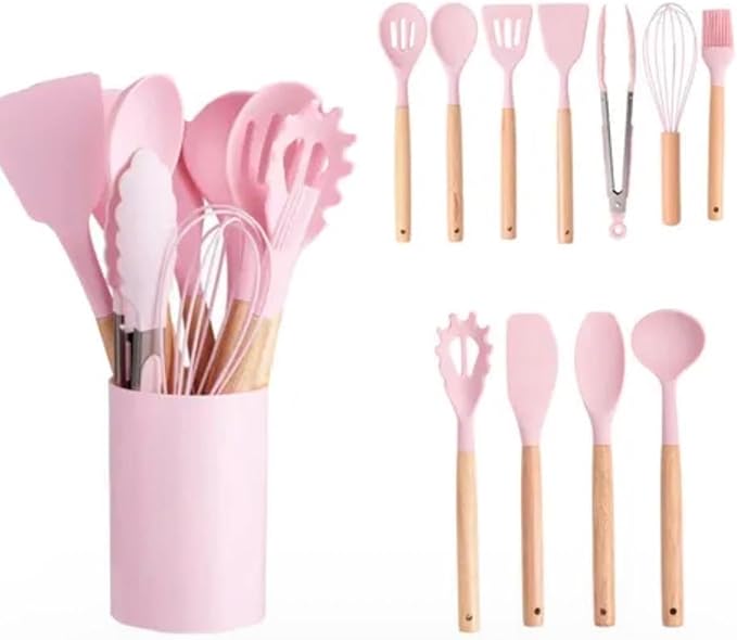 Silicone Kitchen Utensil Set with Wooden Handles – 12 Pieces + Holder, Heat Resistant, Non-Stick Cooking Tools (Multiple Colors (pink)