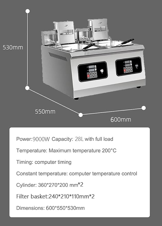 Automatic Lifting deep Fryer, Electric Commercial Counter-top Deep Fryer Tank, French Fries Frying Machine, Professional Timable deep Fryer, Intelligent Operation pa,Double 9000w