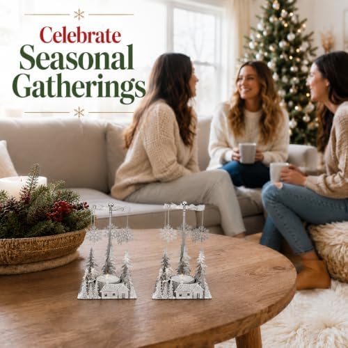 Winter Cabin Holiday Silver Candle Spinners Set of 2 – Silver Plated Laser Cut Christmas Cabin Scene Tea Light Candle Holders with Snowflake Charms – 5" Holiday Tabletop Décor