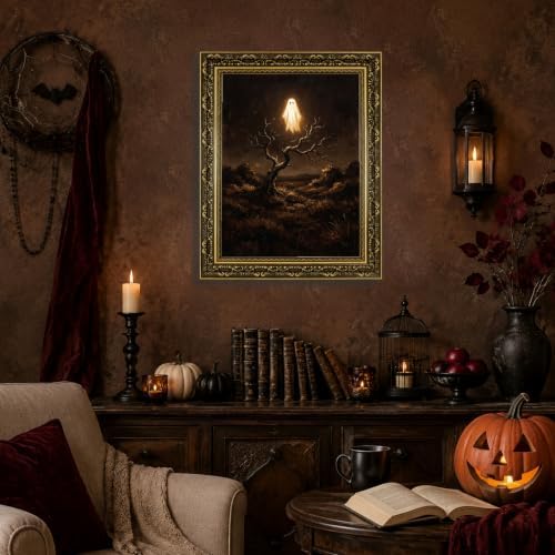 Gold Vintage Framed Ghost Wall Art, Spooky Halloween Nature Poster