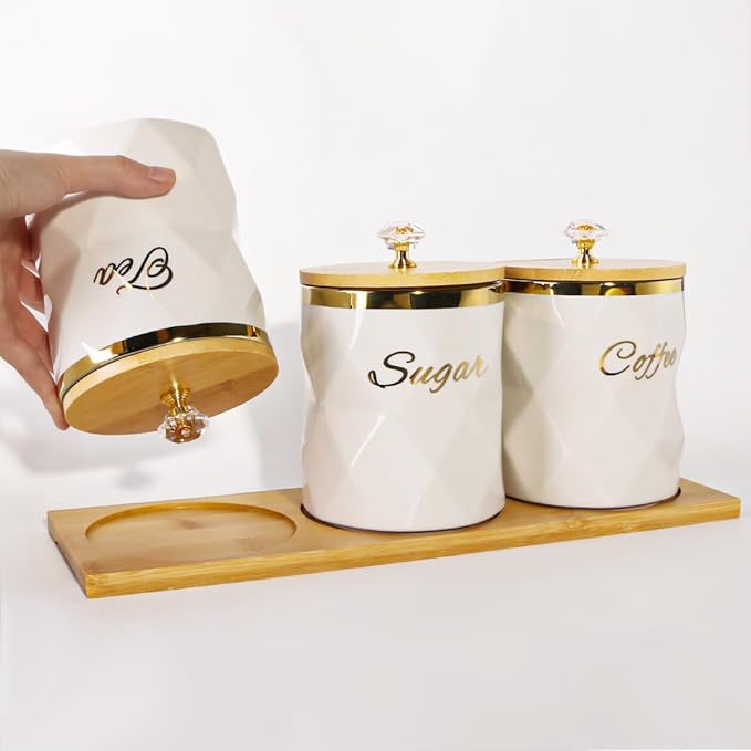 White Ceramic Storage Canister for Coffee Sugar Tea Containers Set of 3, Coffee Sugar Tea Canisters Set with Bamboo Lids and Tray, Airtight Food Storage Jars for Kitchen Pantry
