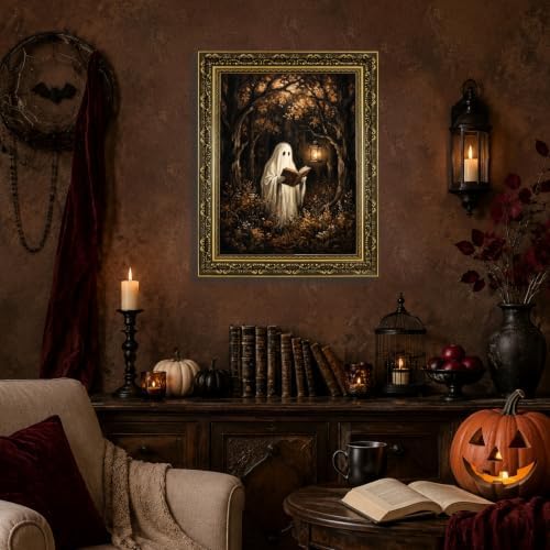 Gold Vintage Framed Ghost Reading Book Wall Art, Spooky Halloween Decor