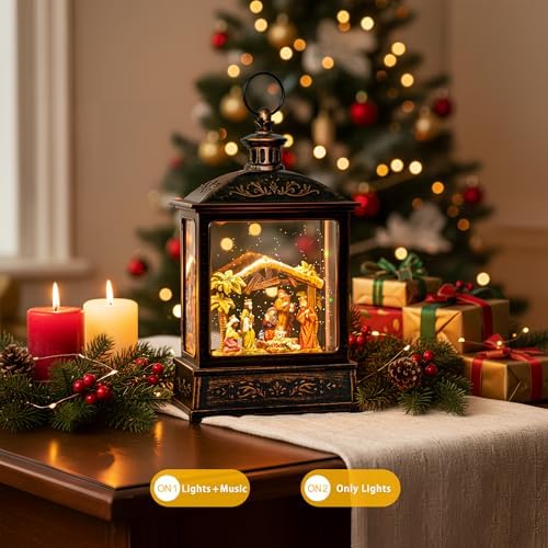 12.5'' Christmas Snow Globe Lighted Manger Nativity Scene, Musical Water Lantern Play Silent Night Music in Swirling Glitter, for Home, Battery Operated or USB Powered