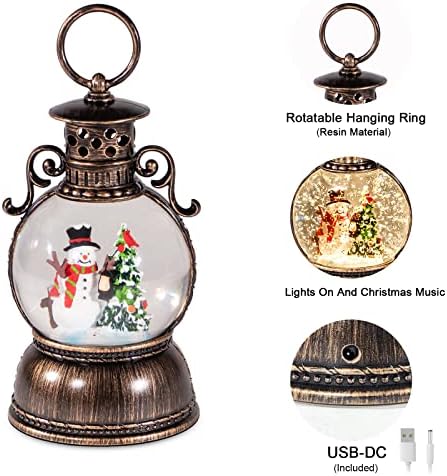 DGSCAK Musical Snow Globe Lantern – 9.4" Lighted Bronze Christmas Snow Globe with Music & Glitter, Snowman & Tree Inside, 8 Songs, 6H Timer, Hanging Ring, USB or Battery Powered, Holiday Decor Gift