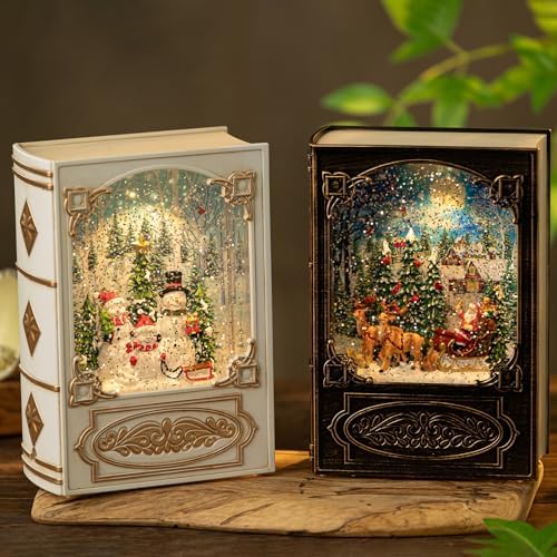 Snowman Santa Christmas Snow Globes Book Lantern, Vintage 8 Songs Music Box