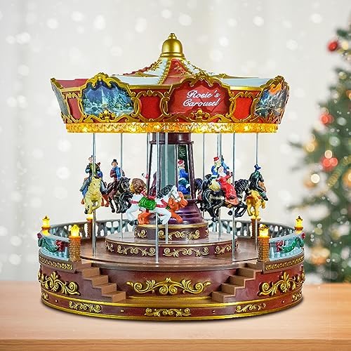 Christmas Carousel Decoration, 14inch Large Size, Carousel Go Round with Music and Lights, Realistic Scene, Add Christmas Atmosphere, Perfect (red)