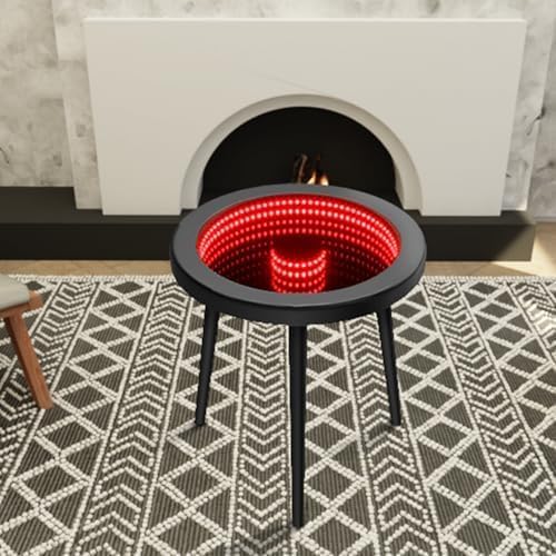HANYEE Small Circle Coffee Table, Infinity Mirror Table, Small Round Side Table, for Home Living Room, Office,Tempered Glass Surface with RGB LED Lighting Smart Control, Office and Bedroom-Black