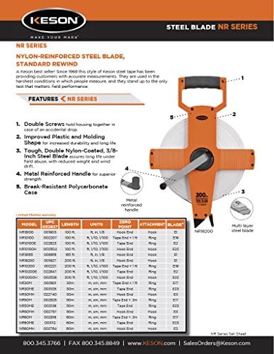 Keson NR30MH Nylon Coated Steel Blade Measuring Tape with Zero Point at Tape End and Hook End (Graduation: m, cm, mm), 30-Meter