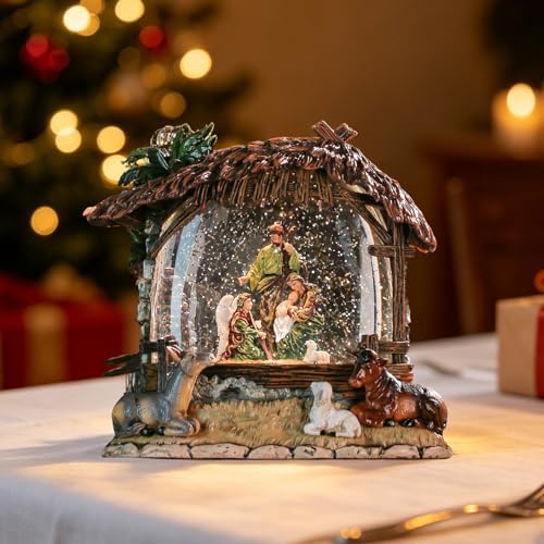 Nativity Snow Globe Music Box Holy Family, Shatterproof Swirling Glitter