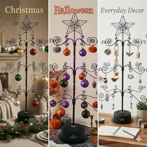 HOHIYA 24" Rotating Ornament Display Tree 36-Hook Metal Stand Black
