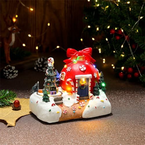 Holiday Seasonal Musical House Resin Ornament with Colorful LED Light Christmas Rotating Figurines Statue Desktop Decors LED Light Christmas Ornament