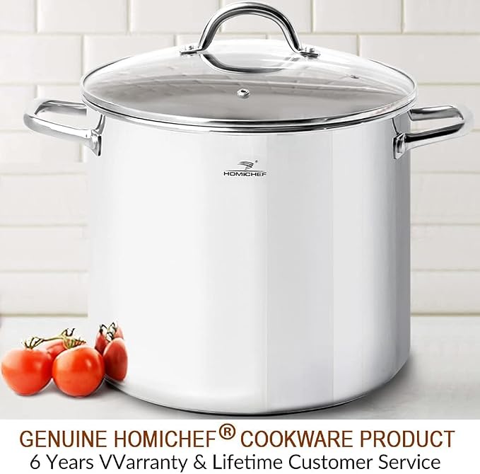 HOMICHEF 16 Quart LARGE Stock Pot with Glass Lid - NICKEL FREE Stainless Steel Healthy Cookware Stockpots with Lids 16 Quart - Mirror Polished Induction Cooking Pot