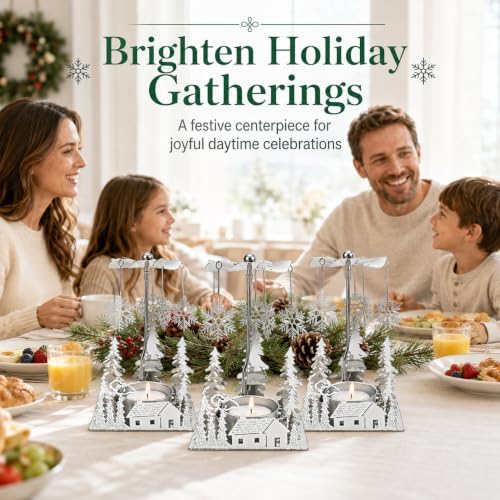 Winter Cabin Silver Holiday Candle Spinners Set of 3, Silver Plated Laser Cut Christmas Tea Light Candle Holders with Cabin, Trees & Snowflake Charms, Spinning Winter Scene Table Decor, 5 Inch