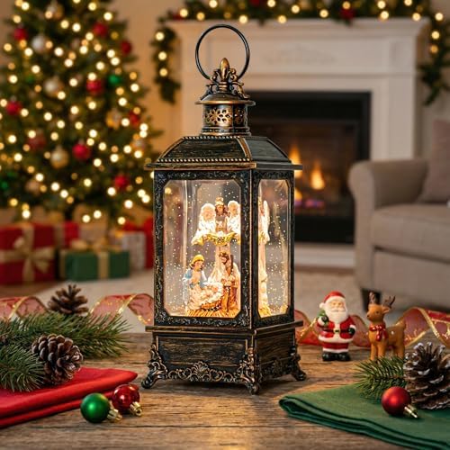 VISFLAIR Christmas Snow Globe Lighted Angel & Nativity Scene, Musical Water Lantern in Swirling Glitter, Battery Operated or USB Powered Holiday Decorations Gifts for Family, Children or Friends