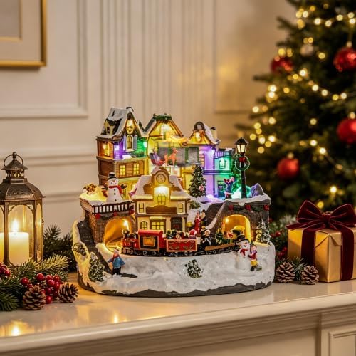 MUMTOP Christmas Houses, Light Up Christmas Village with Train and Music