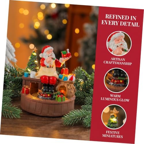 Rotating Santa Workshop Music Box Resin Santa Claus Figurine with Animated Train, Battery Operated, Warm LED Lights, Indoor Holiday Setting Decoration