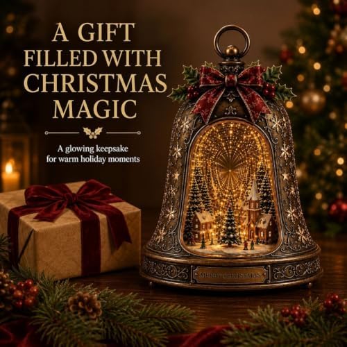 Christmas Village Infinity Bell, Villas Navideñas, Vintage Glowing Indoor Decor, Rotating Snowy Tree, Warm Clear Wreath Angel, Heart Remembrance Charm, Winter Centerpiece Gift(2PCS)