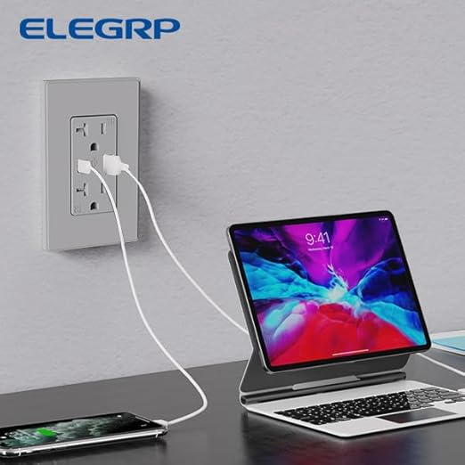 ELEGRP Charger Wall Outlet With USB A & C Ports, 20 Amp Duplex Tamper Resistant Receptacle Plug NEMA 5-20R, Wall Plate Included, UL Listed, 10 Pack, Matte Grey