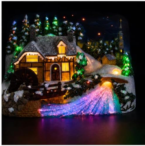 Lighted Christmas Village House with Sawmill – LED Fiber Optic Christmas Village Building – Color Changing Lights, Rotating Water Wheel, Holiday Tabletop Christmas Decoration – 11"W x 8"H x 7"D