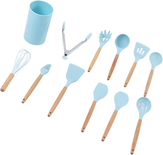 12PCS Kitchen Utensil Set, Non Stick Cooking Utensils with Wooden Handle, Silicone Kitchenware for Cooking Baking and Frying, Includes 12 Essential Tools for Home Restaurant and Pa