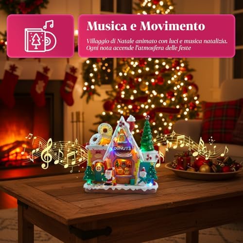 Avilia Northlight Christmas Village with LED Lights, Rotating Tree and Christmas Music, Hand Painted Decoration with USB Cable and Batteries, Luminous Animated Village for Home or Holiday Gift