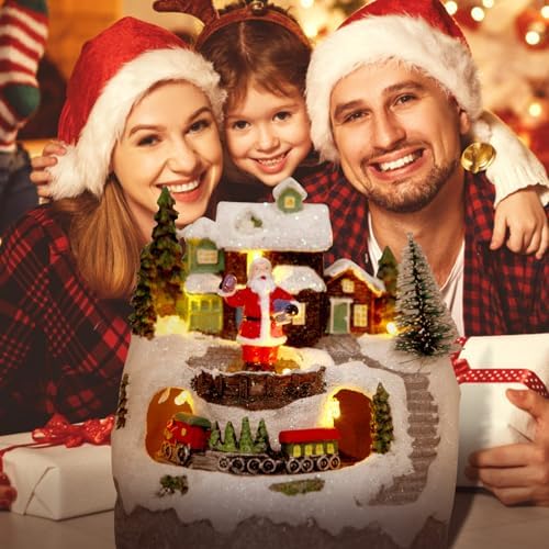 Christmas Decorations Village House Resin Collectible Building Figurines Revolving Train Musical Snow Globe 8 Music for Vintage Christmas Decor (Santa)