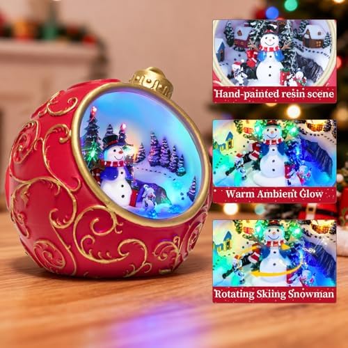 6.3" Animated Musical Christmas Village Figurines with Rotating Skiing Snowman and Lights, Auto 6H Timer and Volume Control, USB-C/Battery Powered Christmas Decorations for Table Decor Xmas Gift